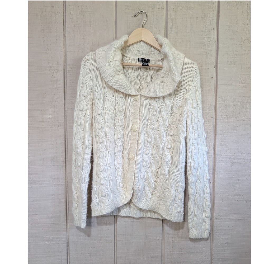 Vintage Carol Little Cream Cable Knit Bobble Angora Lambswool Cardigan Sweater